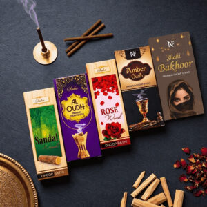 Premium Dhoop Sticks Combo Pack (5 in 1): SandalWood, Al Oudh, RoseWood, Amber Oudh and Shahi Bakhoor dhoop stick packs
