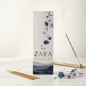 Saba Zara masala bathi incense box with blue and white blossoms