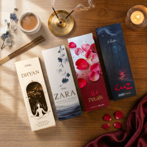 Saba Luxury Incense Combo Pack (4 in 1): Dhyan, Zara, Red Petals and Raaz incense boxes on a wooden table