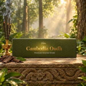 Saba Cambodia Oudh premium incense sticks box with burning incense sticks and wood chips
