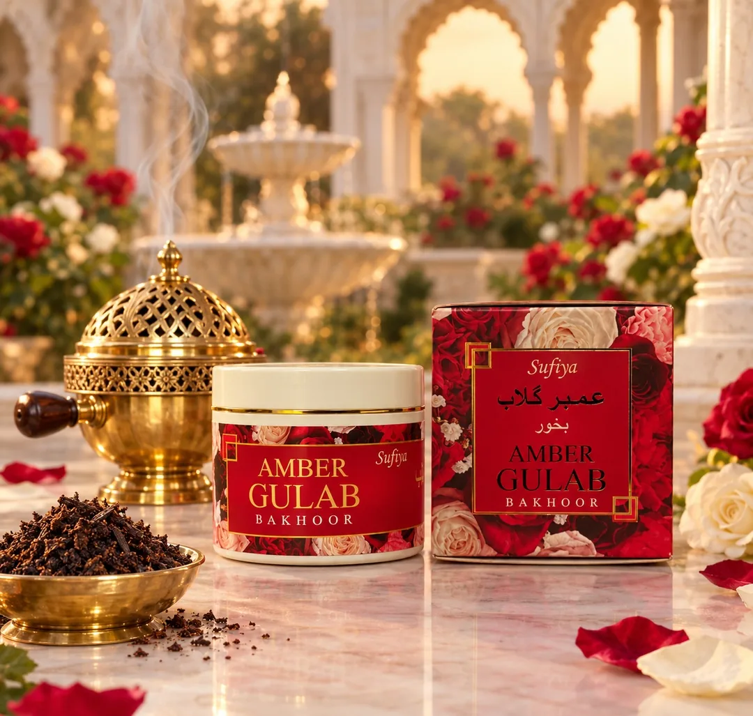 Sufiya Amber Gulab Bakhoor jar and box beside a brass burner and roses