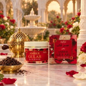 Sufiya Amber Gulab Bakhoor 50 g jar and box